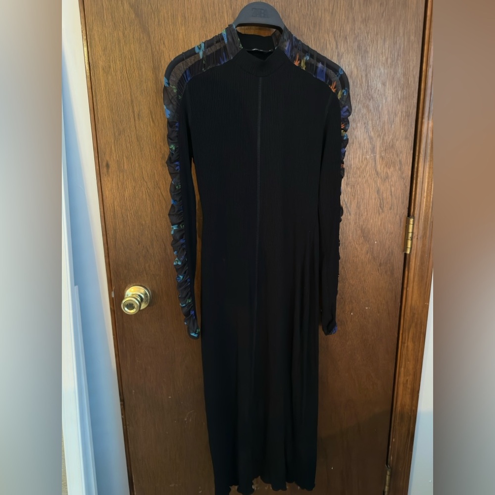 Desigual Black Mock Neck Dress with Multicolored Sheer Rauch Sleeves NWOT
